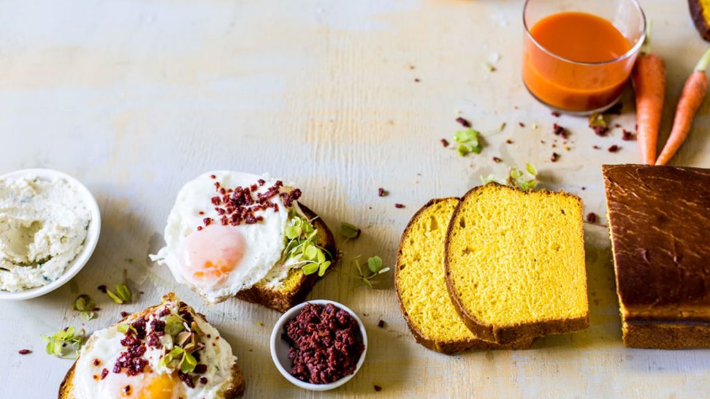 Carrot Bread With Fried Eggs, Creamed Ricotta & Chorizo Crumbs