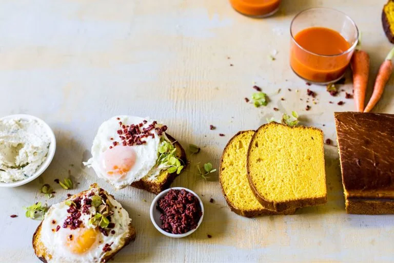 Carrot Bread With Fried Eggs, Creamed Ricotta & Chorizo Crumbs