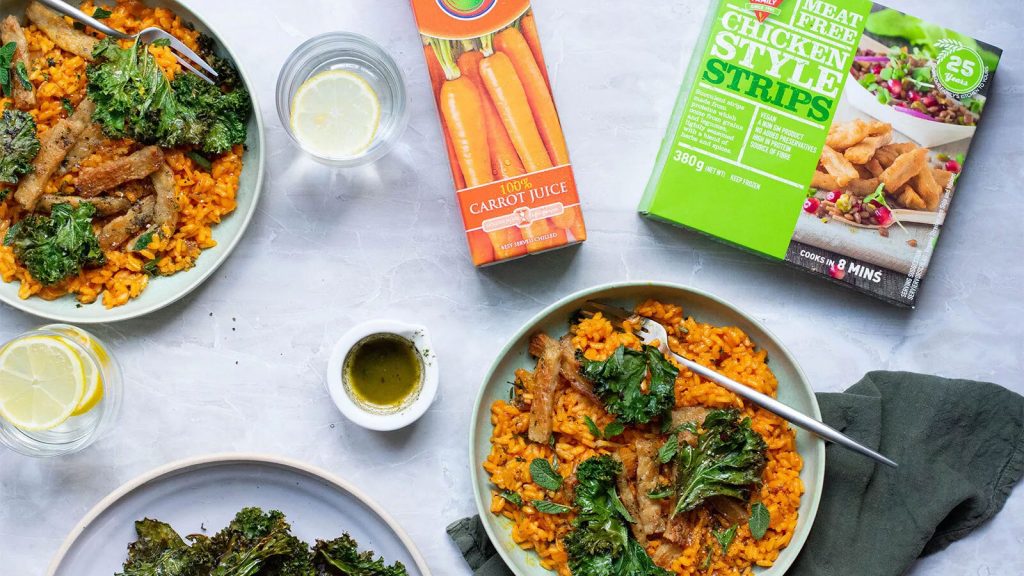 Carrot Risotto with Kale & Chicken Style Strips