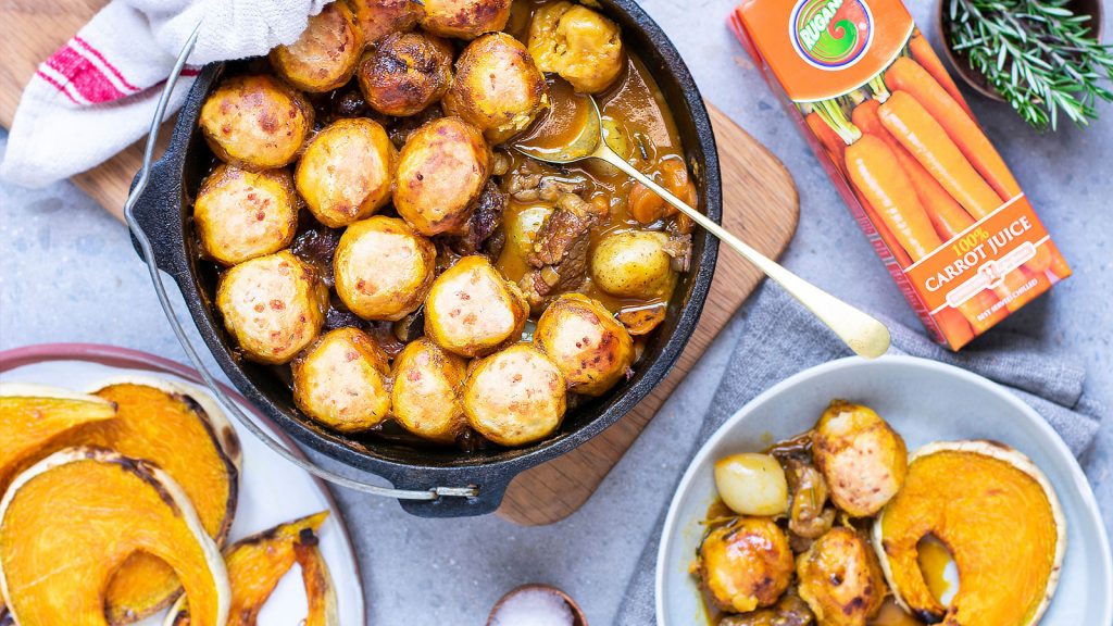 Beef Potjie: Cheddar Dumplings, Roasted Pumpkin